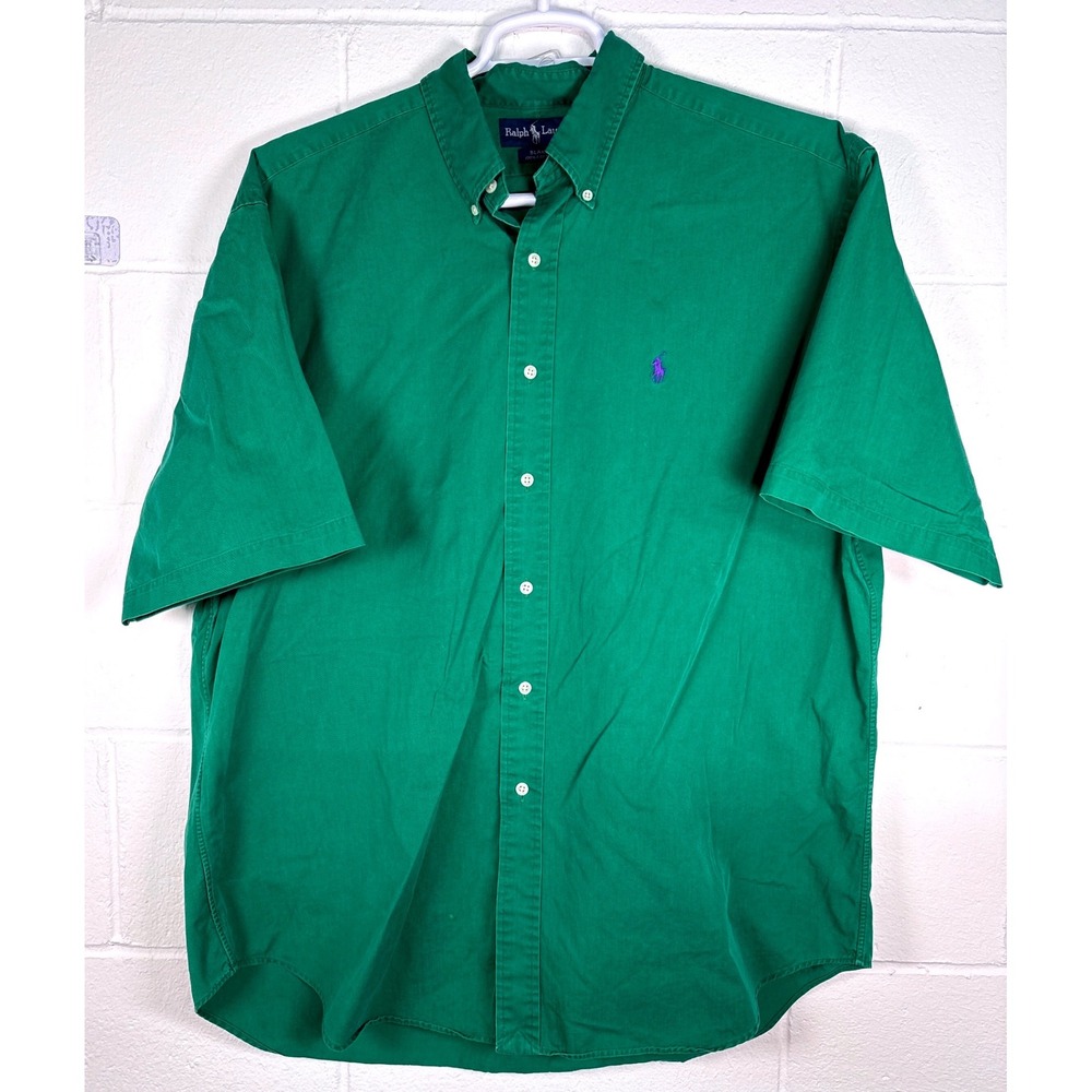 Ralph Lauren Blake Mens XL Green Short Sleeve Button Down Shirt Purple Pony